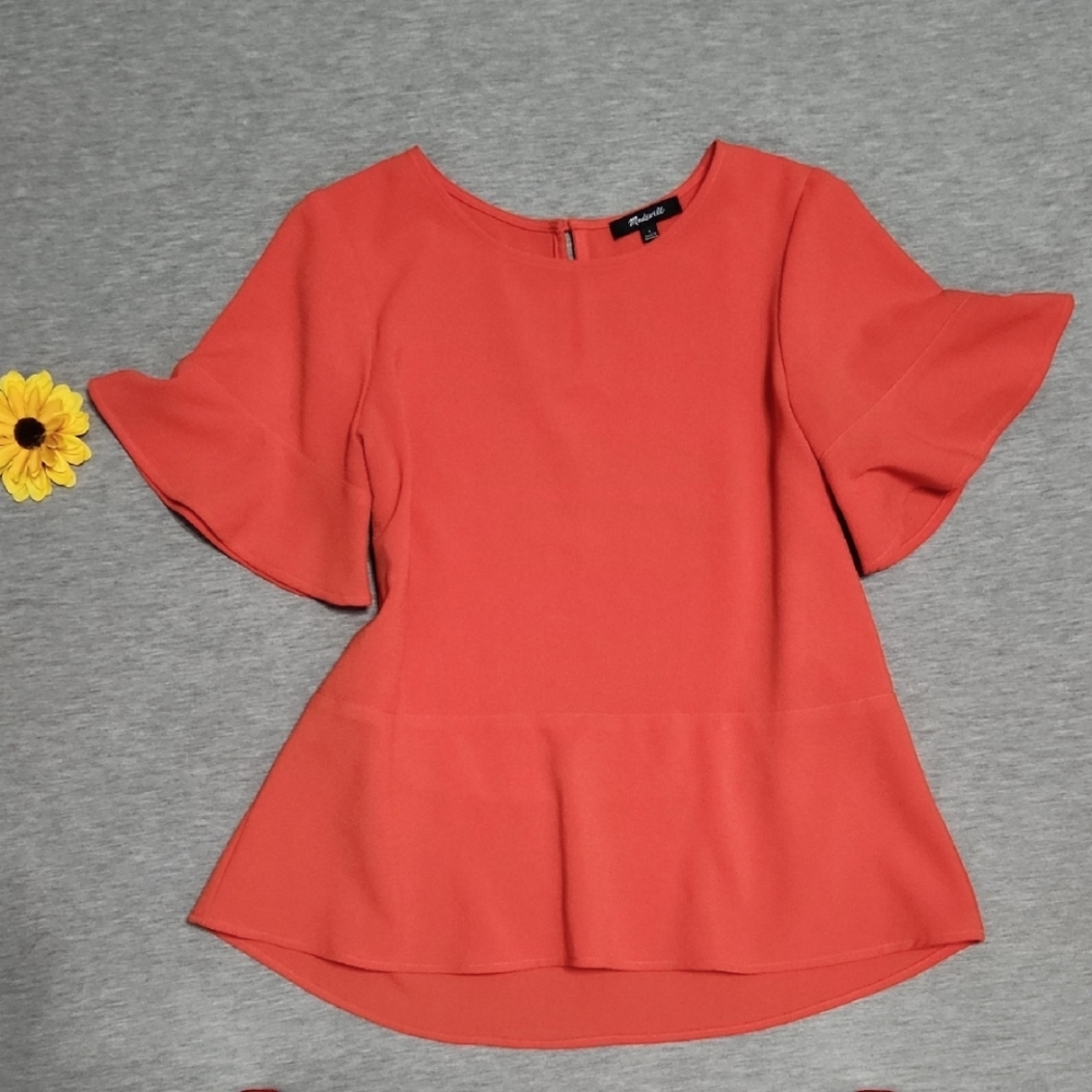 Madewell Oversized Boxy Babydoll Flounce Short Sleeve Tunic Blouse Top Shirt